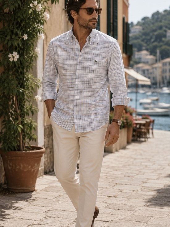 Lacoste Other - Lacoste Men's Light Blue and White Check Button-Down Shirt